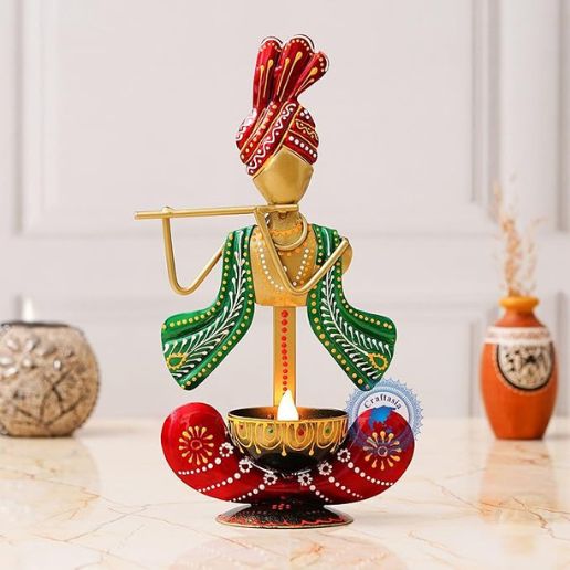 Krishna Tea Light Holder - Handcrafted Multicolor Metal Decor by Craftasia | Productzone